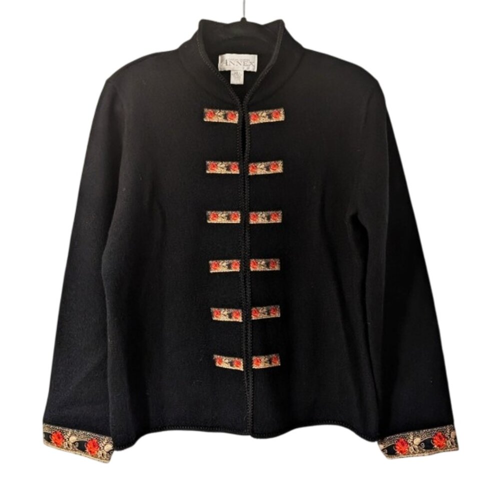 Vintage Casual Corner Annex Black Floral Embroidered Cardigan/Wool Jacket Size L